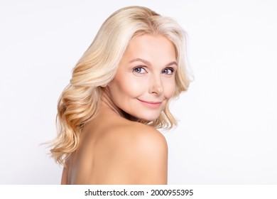 Profile Side View Portrait Of Attractive Cheery Woman Perfect Flawless Smooth Skin Tone Harmony Isolated Over White Color Background