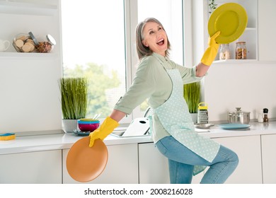 Profile side view portrait of attractive cheerful grey-haired woman doing dishes dishwash dancing having fun at home light white indoor - Powered by Shutterstock