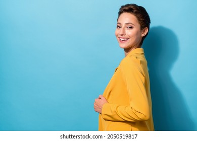 Profile Side View Portrait Of Attractive Cheerful Businesswoman Expert Posing Copy Space Isolated Over Bright Blue Color Background