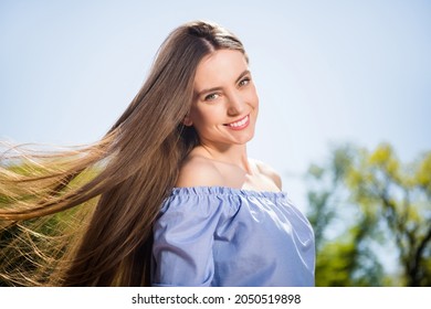 Profile Side View Portrait Of Attractive Cheerful Dreamy Girl Walking On Fresh Air Holiday At Downtown Outdoors