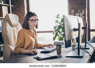 Profile Side View Portrait Of Attractive Smart Focused Girl Writing Email Php Design Task Web Startup At Workplace Workstation Indoors