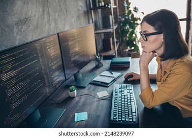 Profile Side View Portrait Of Attractive Clever Smart Girl Cyber Engineer Analyzing Html Css Php Framework At Workplace Workstation Indoors