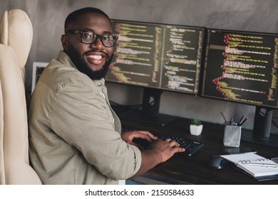 Profile Side View Portrait Of Attractive Cheerful Experienced Smart Clever Guy Editing Data At Workplace Workstation Indoors