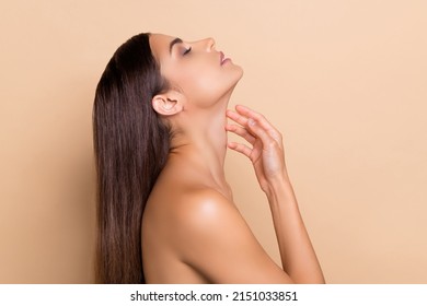 Profile side view portrait of attractive dreamy gentle girl touching flawless skin take shower isolated over beige pastel color background