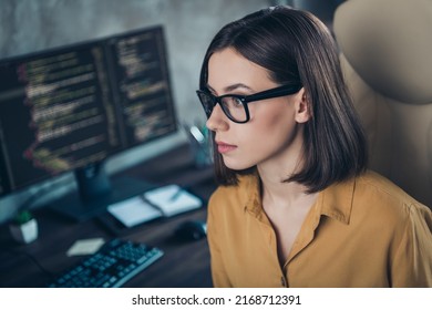 Profile Side View Portrait Of Attractive Smart Clever Qualified Girl Cyber Engineer Editor Developing Startup At Workplace Workstation Indoors