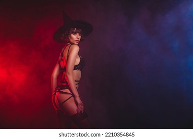 Profile Side View Portrait Of Attractive Kinky Trendy Naked Girl Posing Isolated Over Black Blue Red Light Color Background