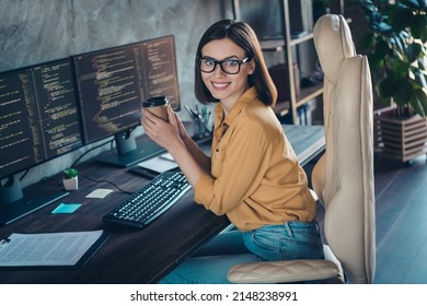 Profile side view portrait of beautiful cheerful smart clever girl geek tech solution developing web project at workplace workstation indoors - Shutterstock ID 2148238991