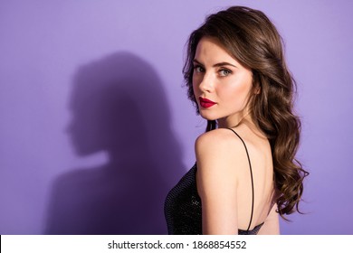 Profile Side View Portrait Of Charming Wavy-haired Girl Festal Smart Look Isolated Bright Violet Color Background