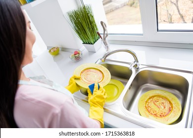 Profile Side View Portrait Of Her She Nice Attractive Hardworking Girl Dishwasher Wiping Cleansing Plates Cleanup Everyday Duty After Party In Modern White Light Interior Style Kitchen