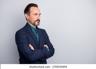 Profile Side View Portrait Of His He Nice Attractive Content Middle Age Man In Old-fashioned Formalwear Folded Arms Professional Expert Isolated Over Light White Gray Pastel Color Background