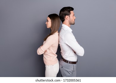 Profile side view portrait of his he her she nice attractive content lovely successful corporate couple partnership folded arms isolated over gray violet purple pastel color background