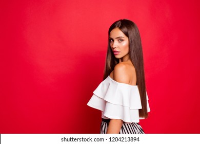 Profile side view portrait of nice pretty trendy gentle magnificent content fashionable well-groomed mysterious lady isolated over bright vivid red background