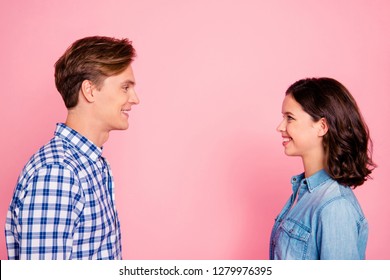 Profile Side View Portrait Of Nice Lovely Charming Attractive Cheerful Flirty Couple Looking At Each Other Talk Conversation Connection Soulmate Isolated Over Pink Pastel Background