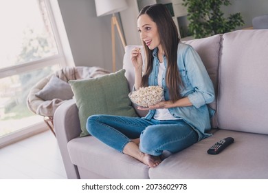 Profile Side View Portrait Of Pretty Cheerful Woman Sitting Watching Series Eating Corn Resting Pastime At Home Indoors