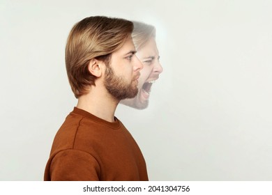 Profile Side View Portrait Of Two Faced Bearded Man In Calm Serious And Angry Screaming Expression. Different Emotion Inside And Outside Mood Of People. Indoor Studio Shot, Isolated On Grey Background