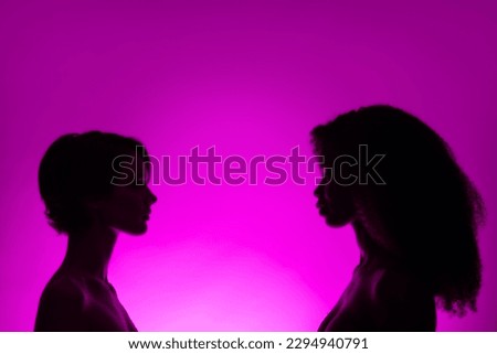 Profile side view portrait of two attractive alluring nude women vs family isolated over vivid violet purple lilac color background