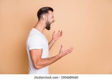 Profile Side Of Young Man Unhappy Angry Mad Aggressive Quarrel Problem Scream Isolated Over Beige Color Background