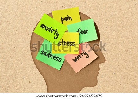 Profile silhouette of man and sticky notes with the words Anxiety, Stress, Worry, Sadness, Pain and fear - Concept of disorders and mental health