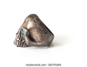 Profile : Silver Human Skull Ring on White Background