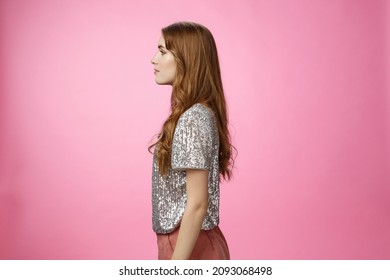 Profile Studio Shot Fashionable Glamour Girl Standing Turning Left Casual Pose Wait Queue Enter Famour Night Club Have Fun Dance Night, Wearing Glittering Stylish Blouse Skirts, Pink Background