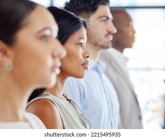 Profile, Team And Business Woman In Line Or Row In Office Standing Or Waiting For Job Interview. Side View, Diversity And Group, Coworkers Or People In Company Workplace For Recruitment Or Hiring.