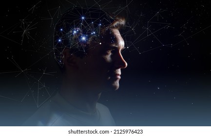 The profile of a thoughtful young man, the concept of brain activity of self-knowledge and personality development. Thinking like stars, the cosmos inside human, background night sky - Shutterstock ID 2125976423