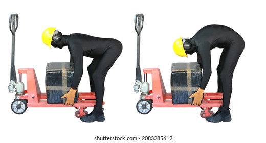 Profile view of anonymous worker lifting heavy package at manual pallet truck.Correct  vs incorrect body position.