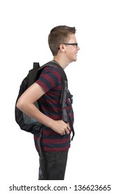 Profile View Of Boy With Backpack, Isolated On White Background