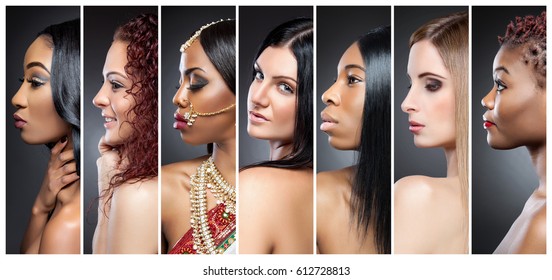 Profile view collage of multiple beautiful women with various skin tones