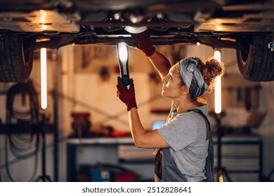 Profile view of female blond technician in overalls standing under lifted car at auto repair shop with lamp in hand and looking for malfunction under chassis. Female mechanic examining car problem. - Powered by Shutterstock