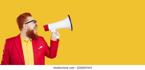 Profile view of funny chubby guy shouting through megaphone and making loud announcement isolated on solid yellow color blank text copy space banner background. Sale, discount, marketing concept