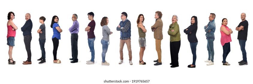 Profile View Of A Group Of Men And Women With Crossed Arms On White Background 