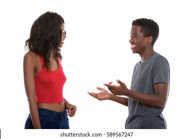 Profile View Of Happy Black African Sister And Brother Smiling From Botswana While Talking To Each Other