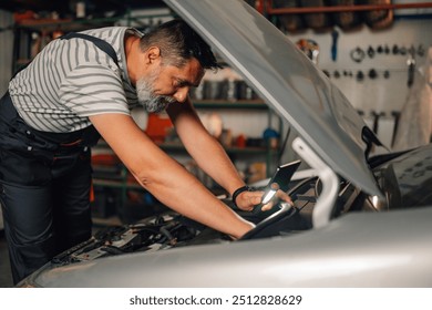 Profile view of professional auto mechanic worker in uniform standing at repair shop with lamp in hand and checking under car hood.Middle aged serviceman at mechanic shop looking under broken car hood - Powered by Shutterstock