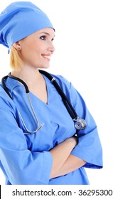 Profile View Of Successful Female Doctor With Stethoscope In Blue Uniform