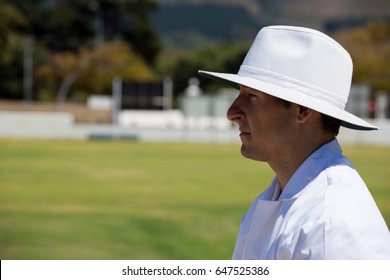 Profile view of umpire standing at field during cricket match on sunny day - Powered by Shutterstock