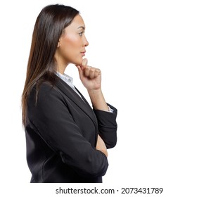 Profile view of young mixed ethnicity businesswoman thinking isolated against white background with copy space - Powered by Shutterstock