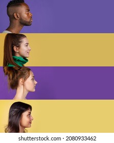 Profile Views. Composite Image With Portraits Multiethnic Young People Isolated On Colored Background. Concept Of Emotion, Music, Equality, Unification Of All Nations, Interests, Ad. Yellow And Purple