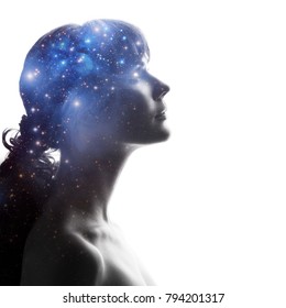Profile of a woman with the cosmos as a brain. The scientific concept. The brain and creativity