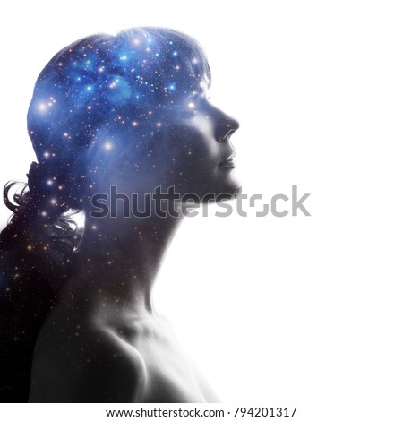 Profile of a woman with the cosmos as a brain. The scientific concept. The brain and creativity