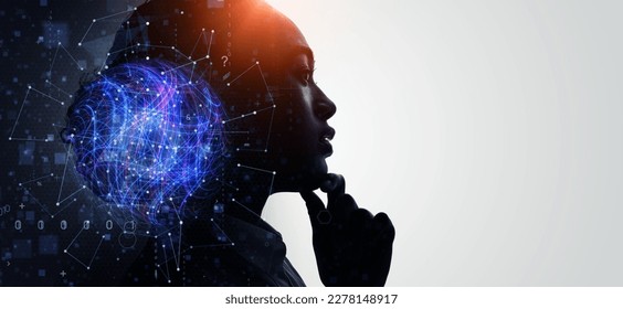 Profile of woman and data network concept. Artificial intelligence. Wide angle visual for banners or advertisements.