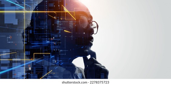 Profile of woman and data network concept. Artificial intelligence. Wide angle visual for banners or advertisements. - Shutterstock ID 2278375723