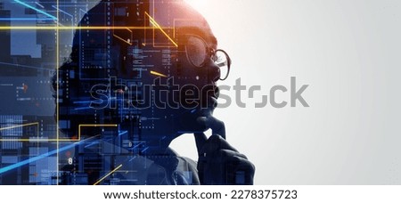 Profile of woman and data network concept. Artificial intelligence. Wide angle visual for banners or advertisements.