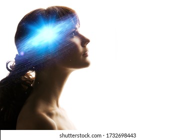 Profile Of A Woman With The Galaxy As A Brain. The Scientific Concept. The Brain And Creativity