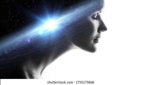 Profile of a woman with the galaxy as a brain. The scientific concept. Dreamer, creative mind concept. galaxy in head, complex human consciousness and psychology, inner space