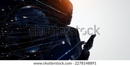 Profile of woman and mobile communication network concept. Artificial intelligence. Wide angle visual for banners or advertisements.