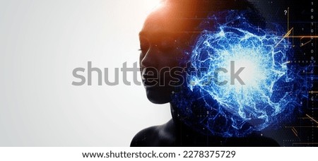 Profile of woman and science technology concept. Artificial intelligence. Wide angle visual for banners or advertisements.