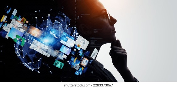 Profile of woman and visual network concept. Artificial intelligence. Wide angle visual for banners or advertisements. - Shutterstock ID 2283373067