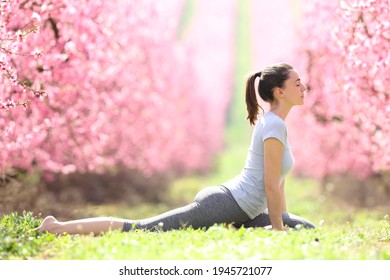Profile Of A Yogi Woman Doing Yoga Exercise In A Pink Flowered Field
