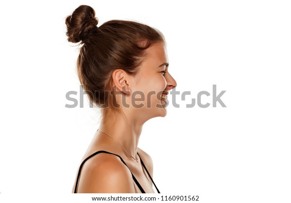 Profile Young Happy Woman On White Stock Photo (Edit Now) 1160901562